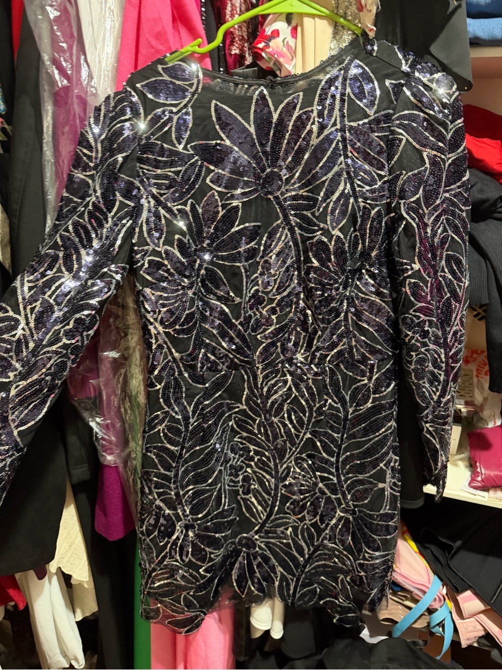 Milly Black Dress with Navy Sequin Floral Design